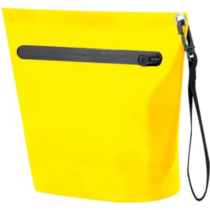 A yellow multipurpose bag with a black zippered pocket and a black wrist strap. It features a logo.