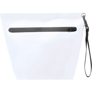 A white multipurpose bag featuring a black zipper and a wrist strap, designed for various uses.