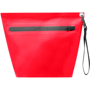 A bright red multipurpose bag with a black zippered pocket and a wrist strap. Features branding.