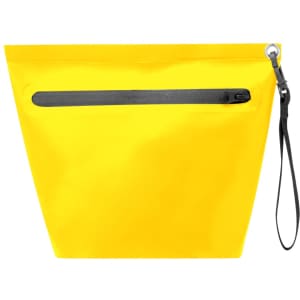 A yellow multipurpose bag with a black zipper and strap. It features a simple design and has a branding logo.