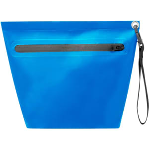 A blue multipurpose bag with a zippered pocket and a wrist strap, featuring a logo.