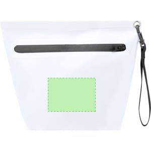A white multipurpose bag with a black zipper and wrist strap, featuring a space for a logo or design.