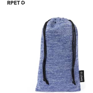 A blue drawstring pouch made from RPET fabric, featuring a tag and a textured design.