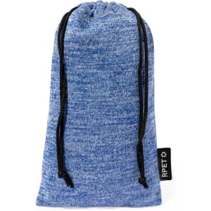 A blue drawstring pouch made from textured fabric with a black logo tag on the side.