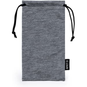 A grey pouch with a drawstring closure, featuring a small tag, suitable for various items.