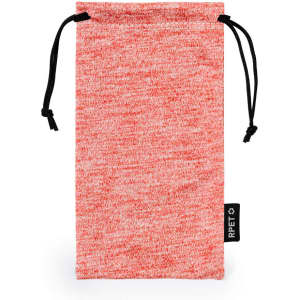 A red speckled pouch with a drawstring closure and a small logo on the side.