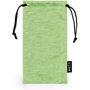 A green pouch with a drawstring closure and a logo tag at the side.