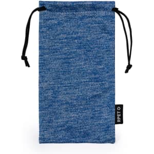 A blue fabric pouch with a drawstring closure and a small logo tag on the side.
