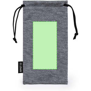 A grey pouch bag with a green rectangular area and a drawstring closure, featuring a logo tag.