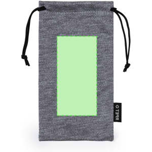 A grey Torlax Pouch with a green framed area and a drawstring closure. It features a branding tag.