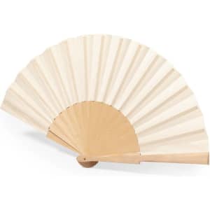 A hand fan with a wooden handle and cream-coloured pleats, featuring a simple design and a smooth finish.