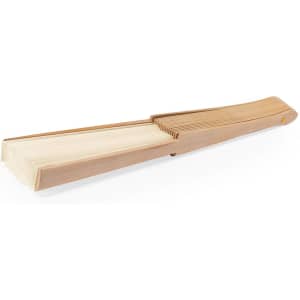 A hand fan made of bamboo and paper, featuring a natural wood finish with thin, foldable slats.