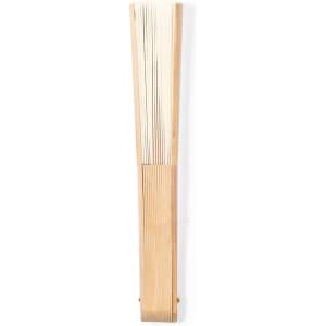 A hand fan with a wooden handle and pleated white fabric, featuring a logo on the handle.