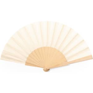 A hand fan with a wooden handle and cream-coloured fabric, featuring a simple design and smooth finish.