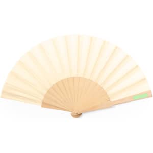 A hand fan with a light cream fabric and wooden frame, featuring a simple design and a small logo.