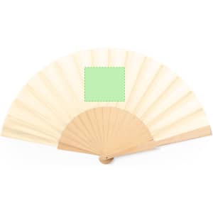 A hand fan with a cream-coloured design and wooden handle, featuring a blank area for customisation.