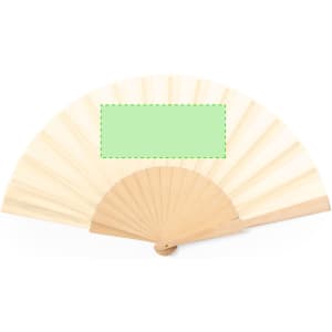 A wooden hand fan with a light wood finish and a blank, green section for customisation.