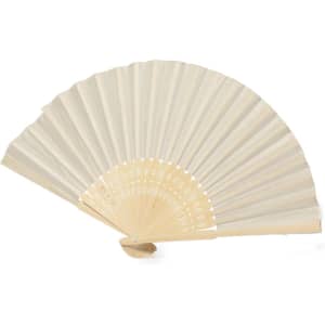 A hand fan in light cream colour with a delicate design and a small handle. It features a simple logo.