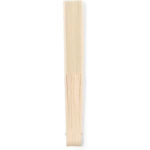 A beige hand fan with slats, featuring a simplistic design and a branding logo on one side.
