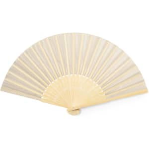 A hand fan with a light cream fabric and wooden structure, featuring a simple design and a logo on the handle.