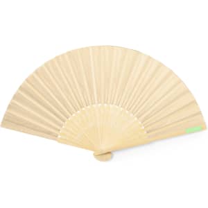 A wooden hand fan in a light, natural colour with a circular base and multiple slats. It features a logo.