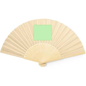 A handheld fan with a light wooden finish, featuring a blank area for custom branding.