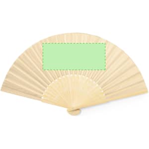 A wooden hand fan in a natural finish with a blank area for customisation.