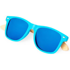 A pair of bright blue sunglasses with a wooden frame. The design includes a logo.