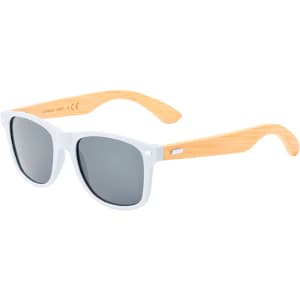 Sunglasses with white frames and bamboo arms, featuring dark tinted lenses and a logo.
