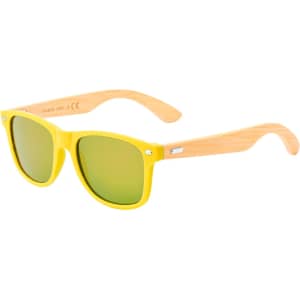 Sunglasses with yellow frames and green tinted lenses, featuring bamboo arms and a logo on the side.