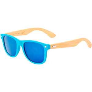 A pair of turquoise sunglasses with wooden arms, featuring a logo on the side.