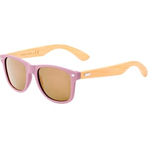 Pink sunglasses with brown wooden arms, featuring a logo on the side. Ideal for leisure and outdoor activities.
