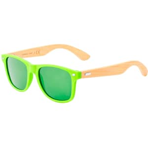A pair of bright green sunglasses with bamboo arms, featuring a logo on the side.