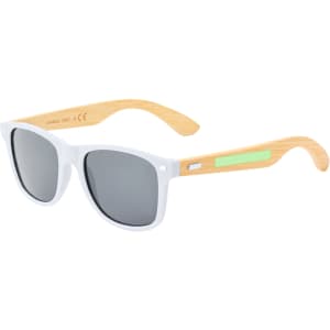White sunglasses with grey lenses and bamboo accents, featuring a logo on one arm.