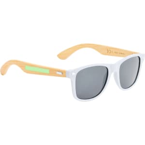 Ferguson Sunglasses featuring a white frame and bamboo arms with dark grey lenses, accented by a logo.