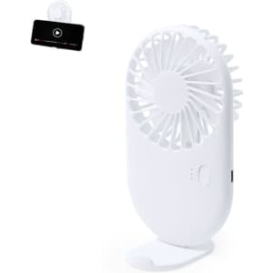 A white portable fan with a stand and a logo, designed for personal cooling or convenience.
