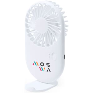 A small white handheld fan with a stand, featuring a logo on the base and a circular blade design.