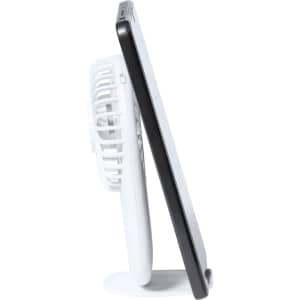 A white Fanger Holder Fan attached to a smartphone, showcasing a sleek design and functional stand.