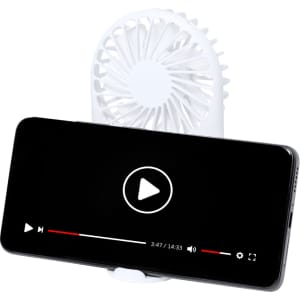 A white fan holder with a smartphone positioned in front of it, displaying a video playback screen.