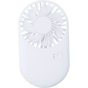 A white portable fan with a circular blade design and a power button at the bottom. It has a compact, sleek appearance.