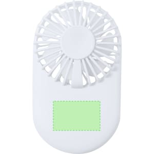 A white handheld fan with a circular blade design, featuring a blank area for branding.