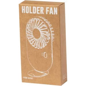 A cardboard box containing a white holder fan, featuring a circular design and base, with a logo on the front.