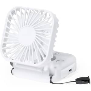 A small, portable white fan with a square design and a USB charging port. It features a logo on the front.