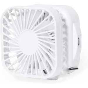A portable white fan with a grille design and a compact shape, featuring a logo on the side.