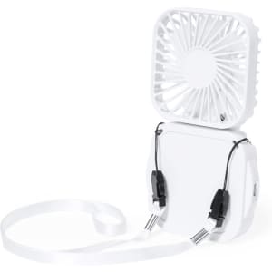 A white portable fan with a strap, featuring a square head and a compact body. It includes a logo.