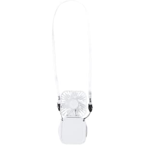 A white portable fan with a strap, featuring a fan blade design and a compact base. It has a branding logo on it.