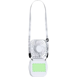 A portable fan in white with a green section, featuring a strap for easy carrying.