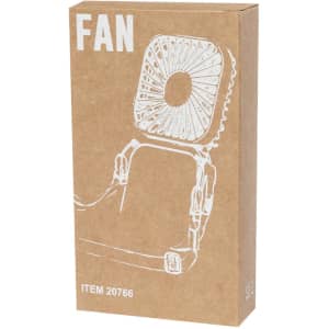 A brown cardboard box featuring a graphic of a fan. The box has a simple design and includes a logo.
