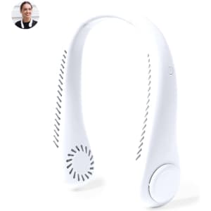 A white neck fan with a sleek design and an integrated control button. It features side vents for airflow.