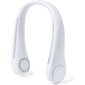 A white neck fan with a sleek, curved design, featuring vents for airflow and a button for operation.